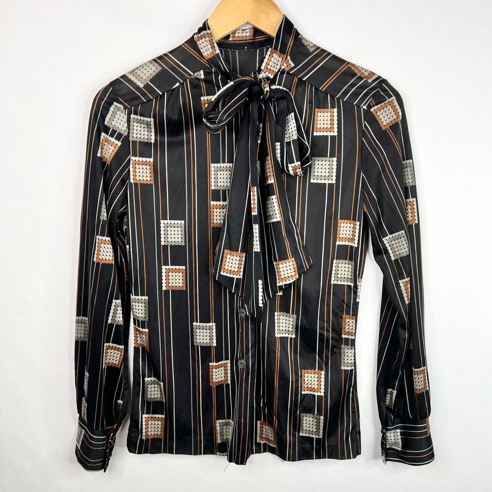 Vintage 70s Black Geometric Blouse XS-SM